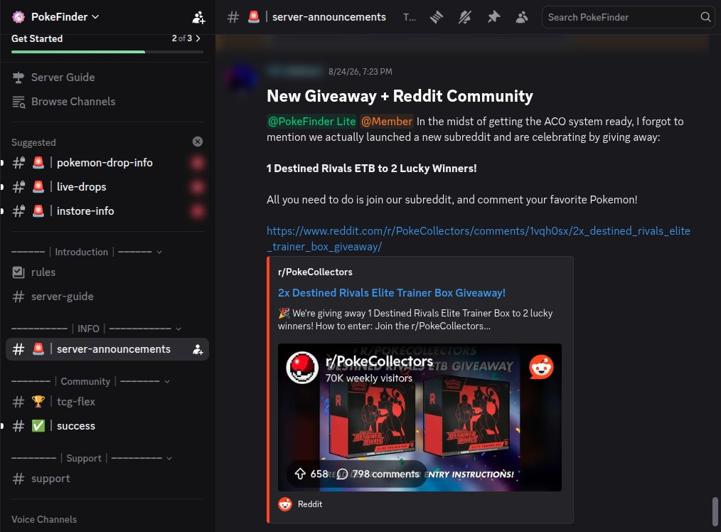 PokeFinder: #server-announcements in the Discord. The newest post was August 24. The three alert channels are locked until onboarding is done. Names blurred by us.