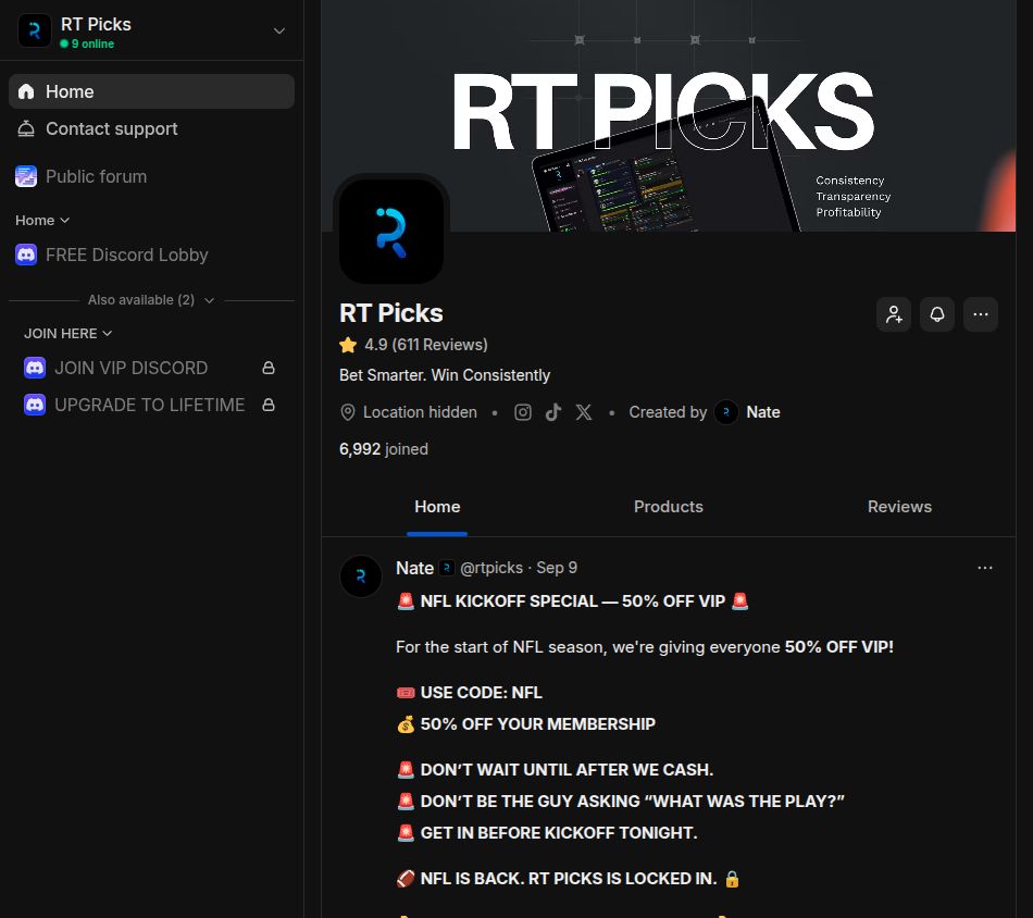 RT Picks: Free member view on Whop, Sep 28, 2026