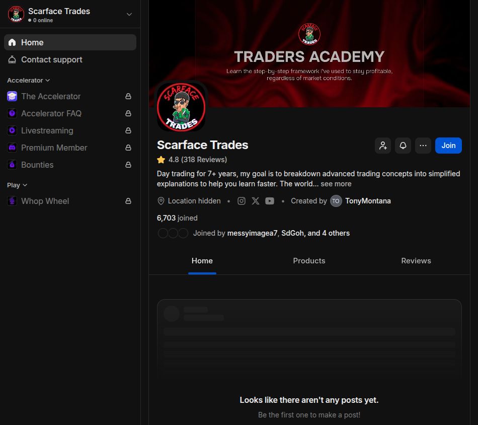 Scarface Trades Whop store, Sep 27, 2026 (pre-join view)