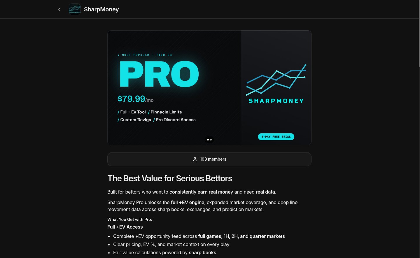 SharpMoney: Pro plan page, $79.99 a month: "Built for bettors who want to consistently earn real money."