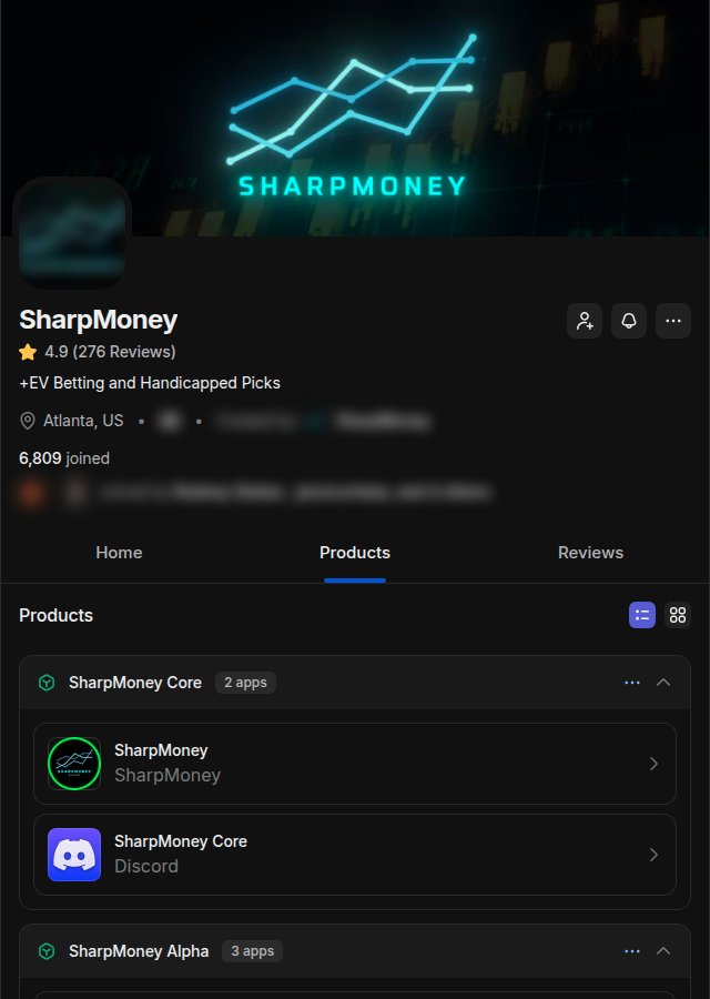 SharpMoney: Whop hub: 4.9 from 276 reviews, 6,809 joined. Core is free with the app and the Discord. Names blurred by us.