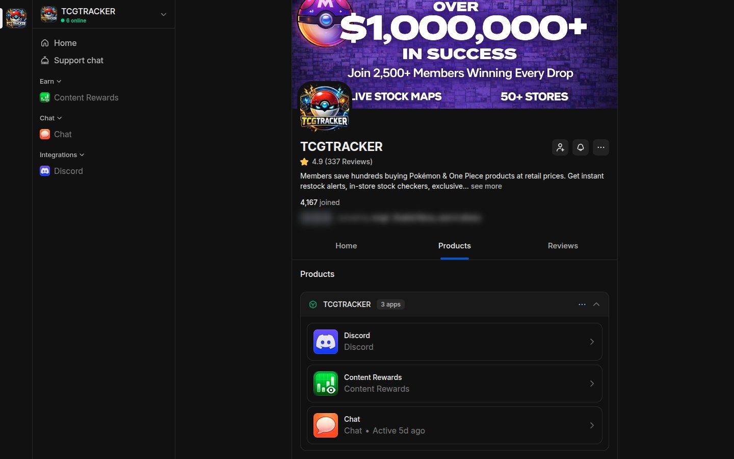TCGTRACKER: On Whop, the trial lists 3 apps: Discord, Content Rewards and Chat.