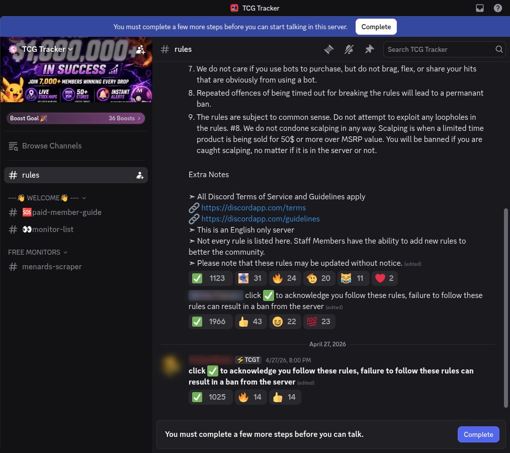 TCGTRACKER: The Discord on the trial's last day: 4 free channels left. Names blurred by us.