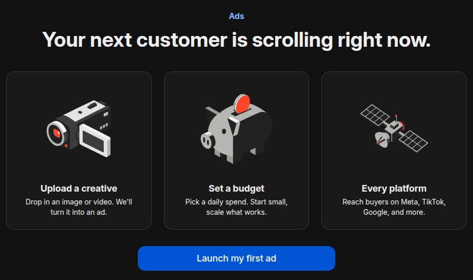 Ads tab on the Worth the Join test store: Upload a creative, Set a budget, Every platform, and a Launch my first ad button