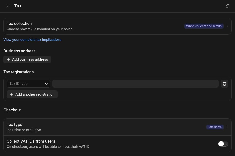Tax settings page on the Worth the Join test store, showing tax collection, registrations and checkout tax type